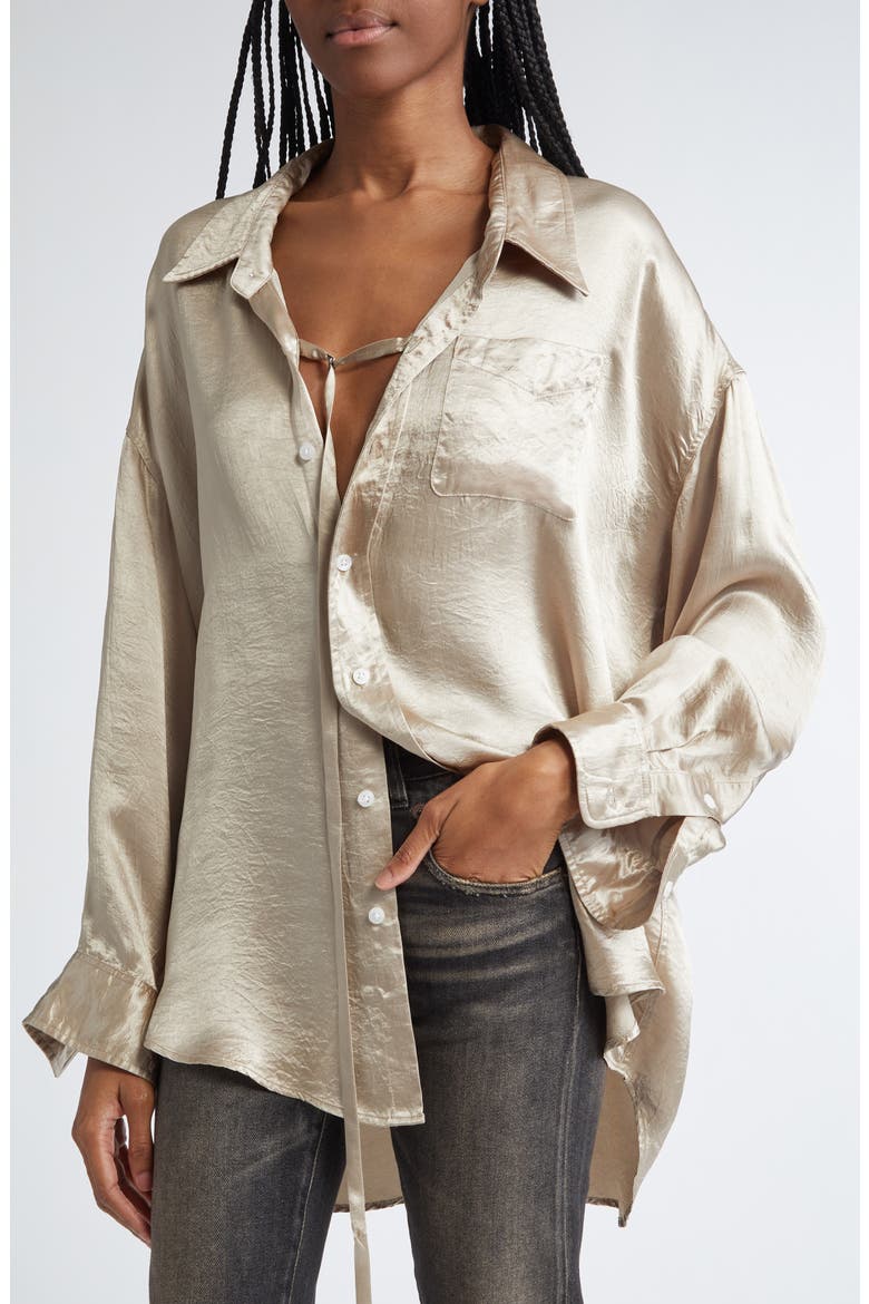 Drop Neck Satin Button-Up Shirt with Strap, Alternate, color, BEIGE