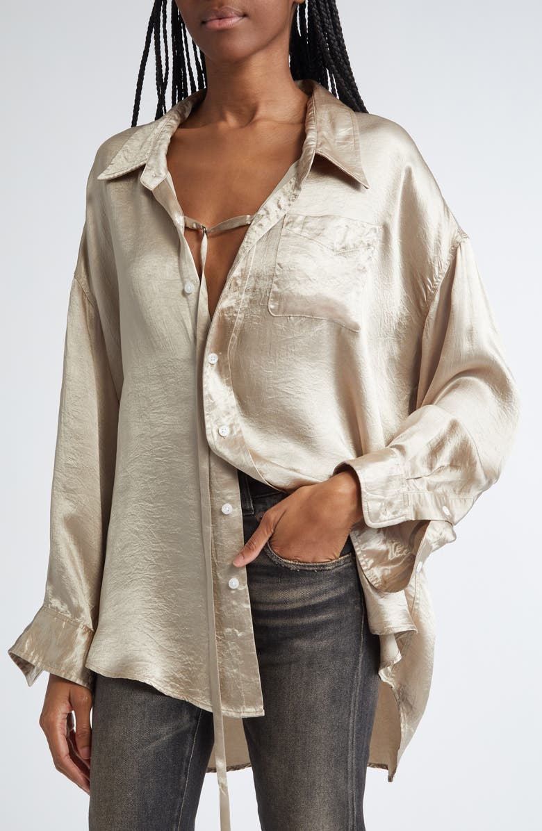 R13 Drop Neck Satin Button-Up Shirt with Strap, Alternate, color,