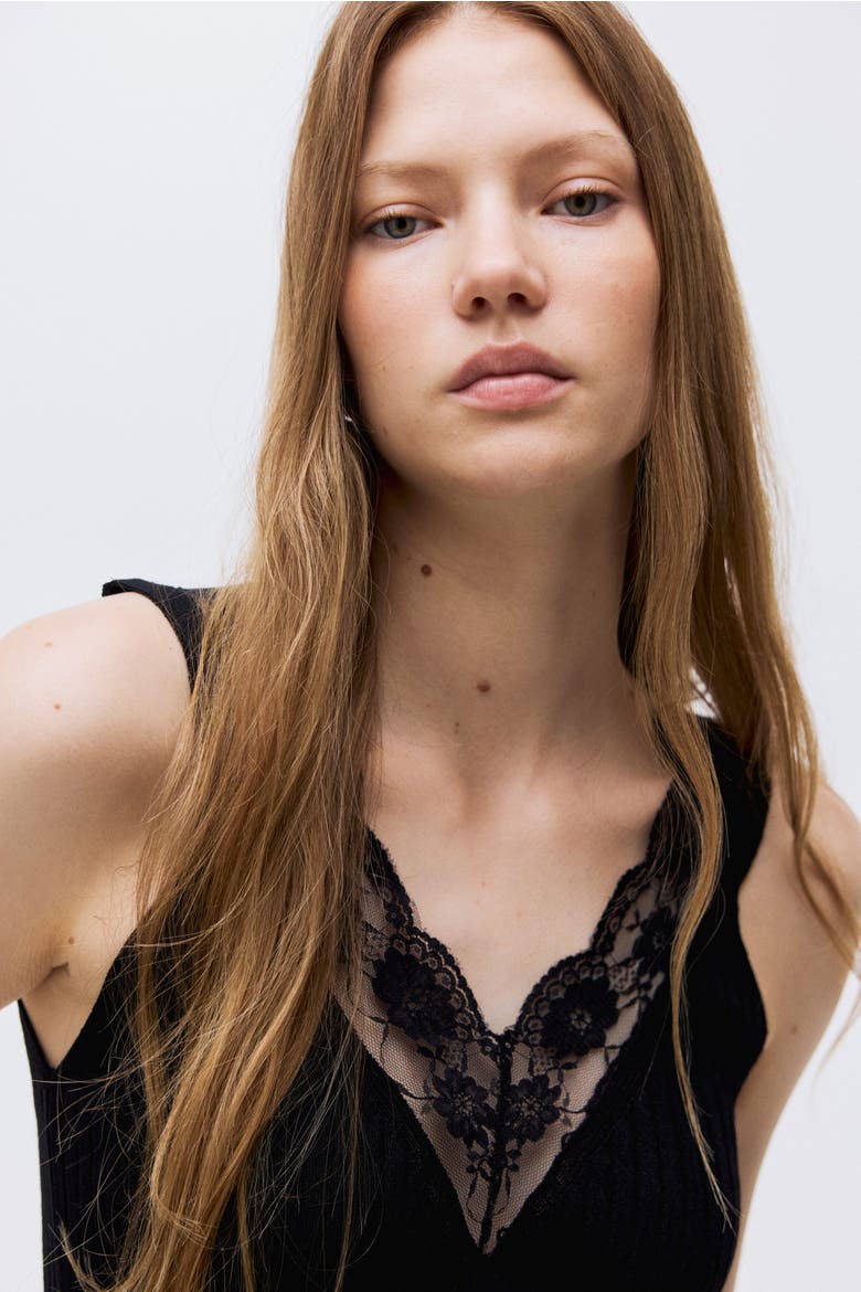 Lace-trimmed Vest Top, Alternate, color, Black