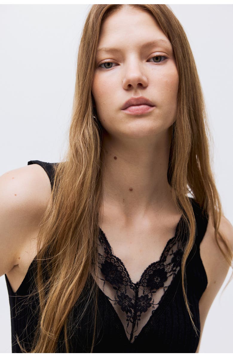 H&M Lace-trimmed Vest Top, Alternate, color, Black