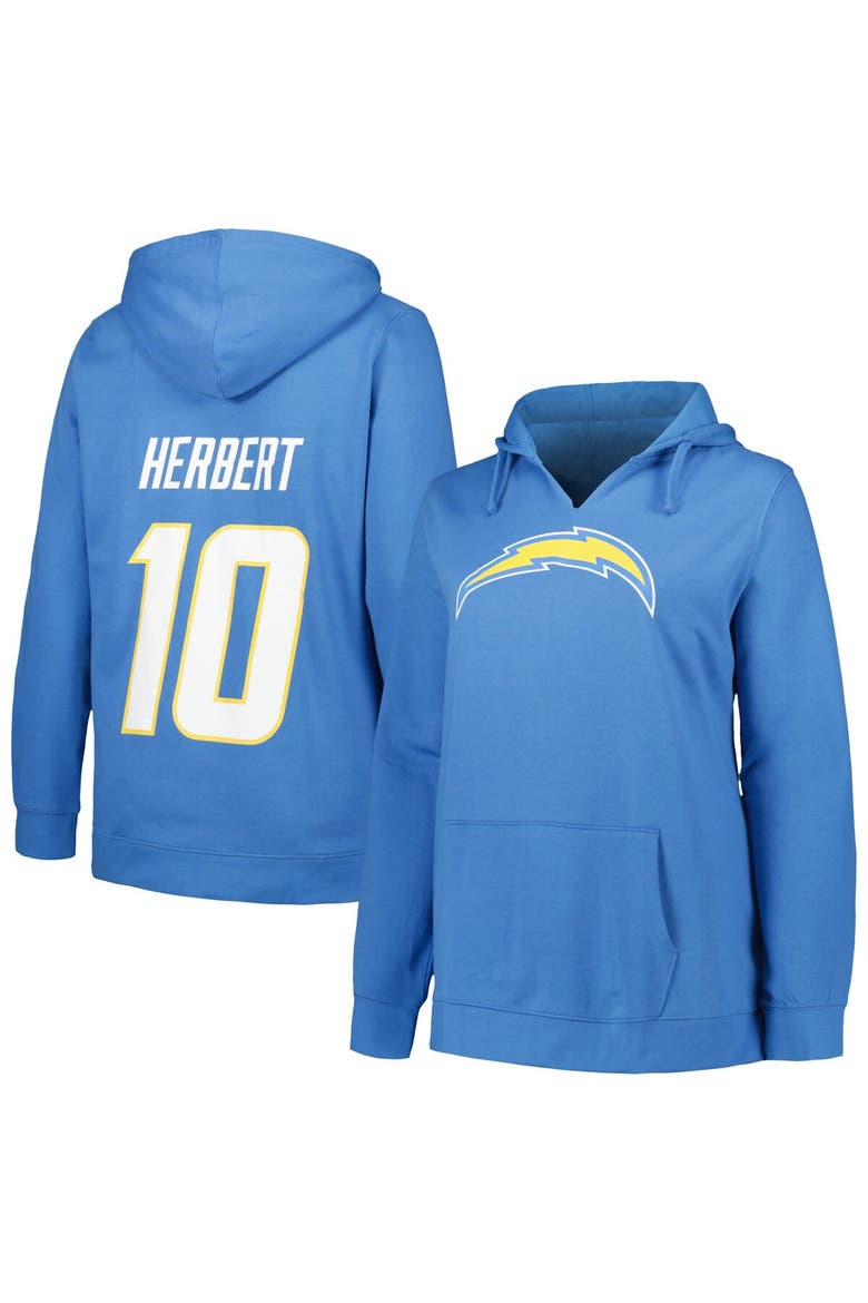 Women's Profile Justin Herbert Powder Blue Los Angeles Chargers Plus Size Player Name & Number Pullover Hoodie, Alternate, color, Powder Blue