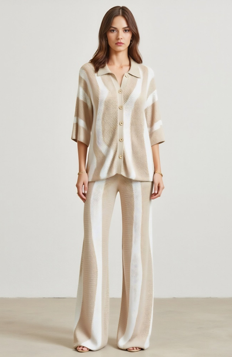 Modenaire Striped Knit Button-Front Top and Wide-Leg Pants Set, Main, color,