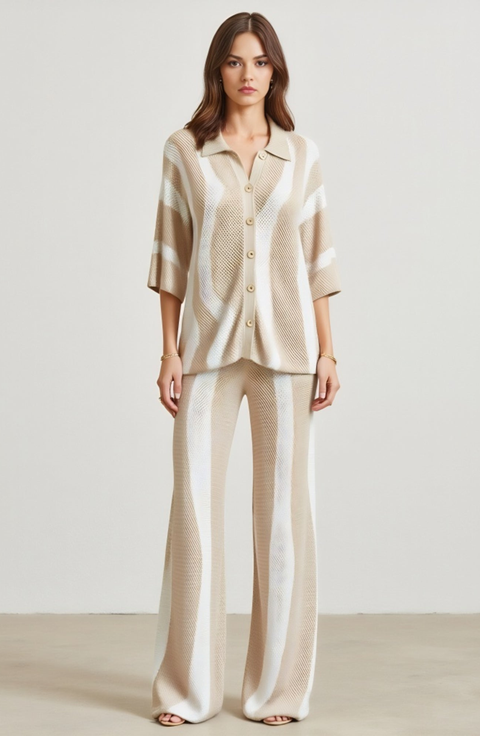 Striped Knit Button-Front Top and Wide-Leg Pants Set