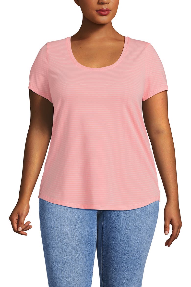 Plus Size Short Sleeve Lightweight Jersey Scoop Neck T-shirt, Main, color, Sunset Coral Pink Thin Stripe