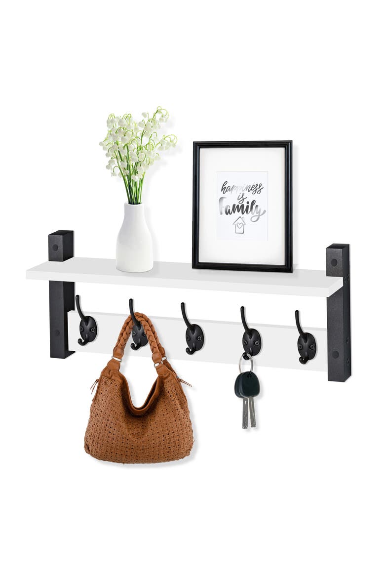 24-Inch Floating Wall Shelf with Hooks, Alternate, color, WHITE