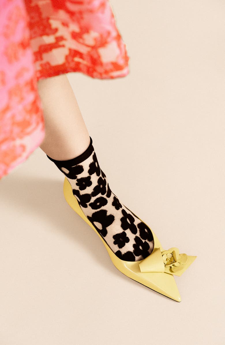 Hansel From Basel Poppy Flower Sheer Crew Socks, Alternate, color, Black