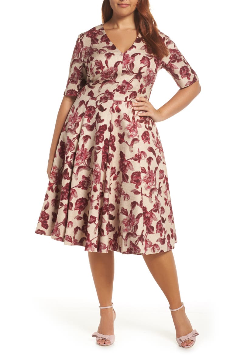 Edith Floral Print A-Line Dress, Alternate, color, CREAM/ RASPBERRY