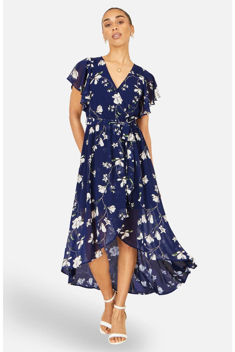 Floral Frill Hem Wrap Midi Dress, Alternate, color, Navy