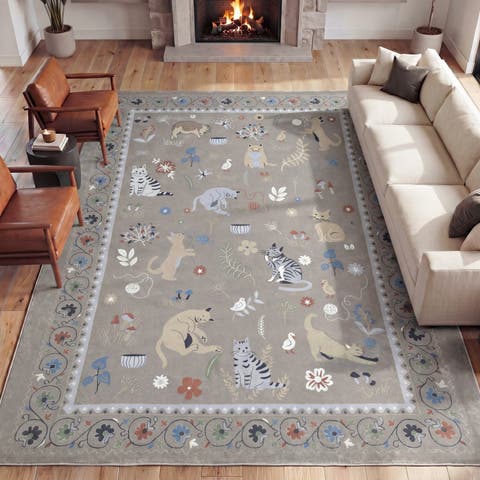 Catmosphere Festive Feline Floral Border Non-Slip Machine-Washable Rug