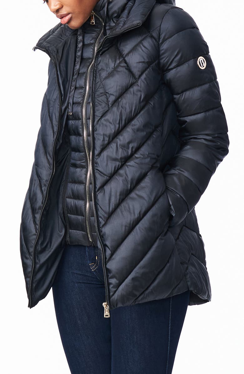 Bernardo Asymmetrical Channel Quilted Jacket with Hooded Bib Inset, Alternate, color, 