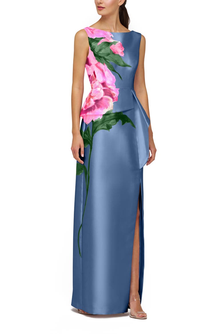 Luciana Placed Floral Column Gown, Alternate, color, PEARL BLUE MULTI