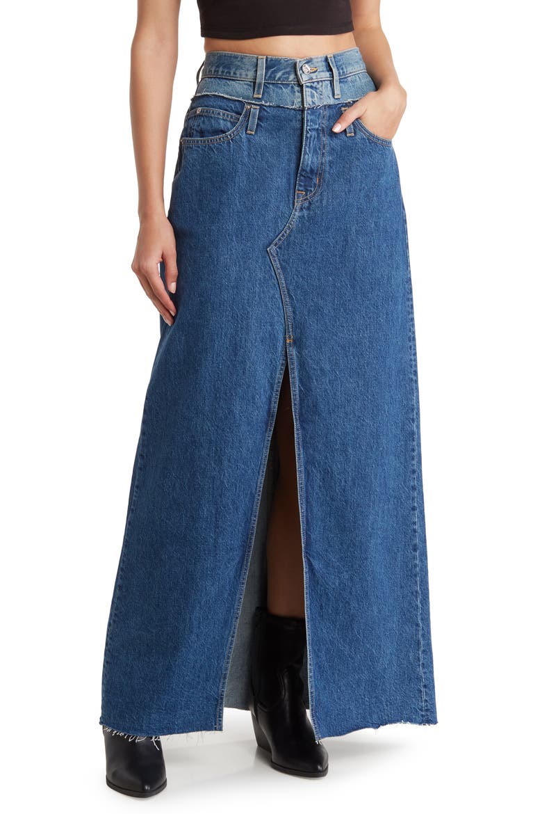 Re-Work Dallas Double High Waist Organic Cotton Denim Maxi Skirt, Main, color, FORBIDDEN FOOL