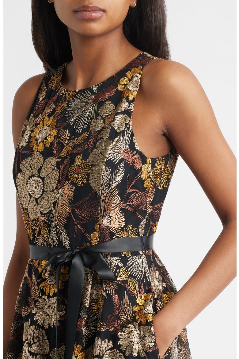 Embroidered Sleeveless Belted Midi Dress, Alternate, color, BROWN GOLD