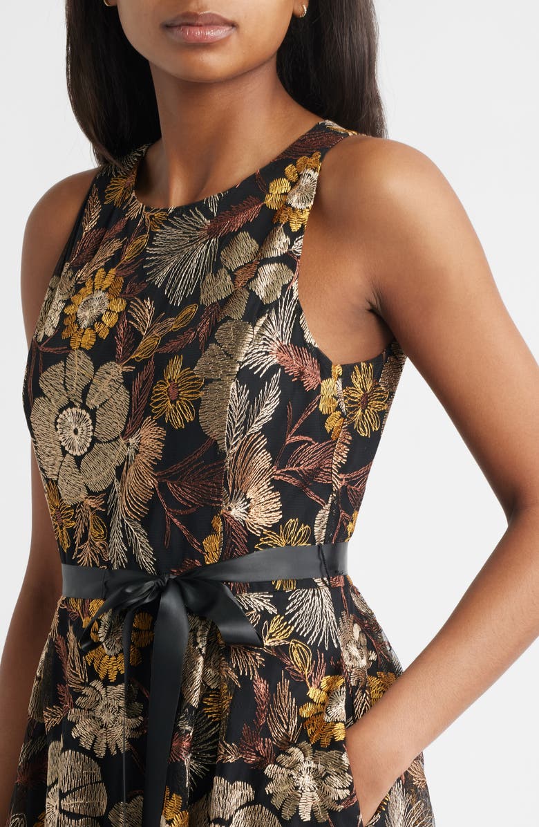 Tahari ASL Embroidered Tie Waist Sleeveless Midi Dress, Alternate, color, Brown Gold