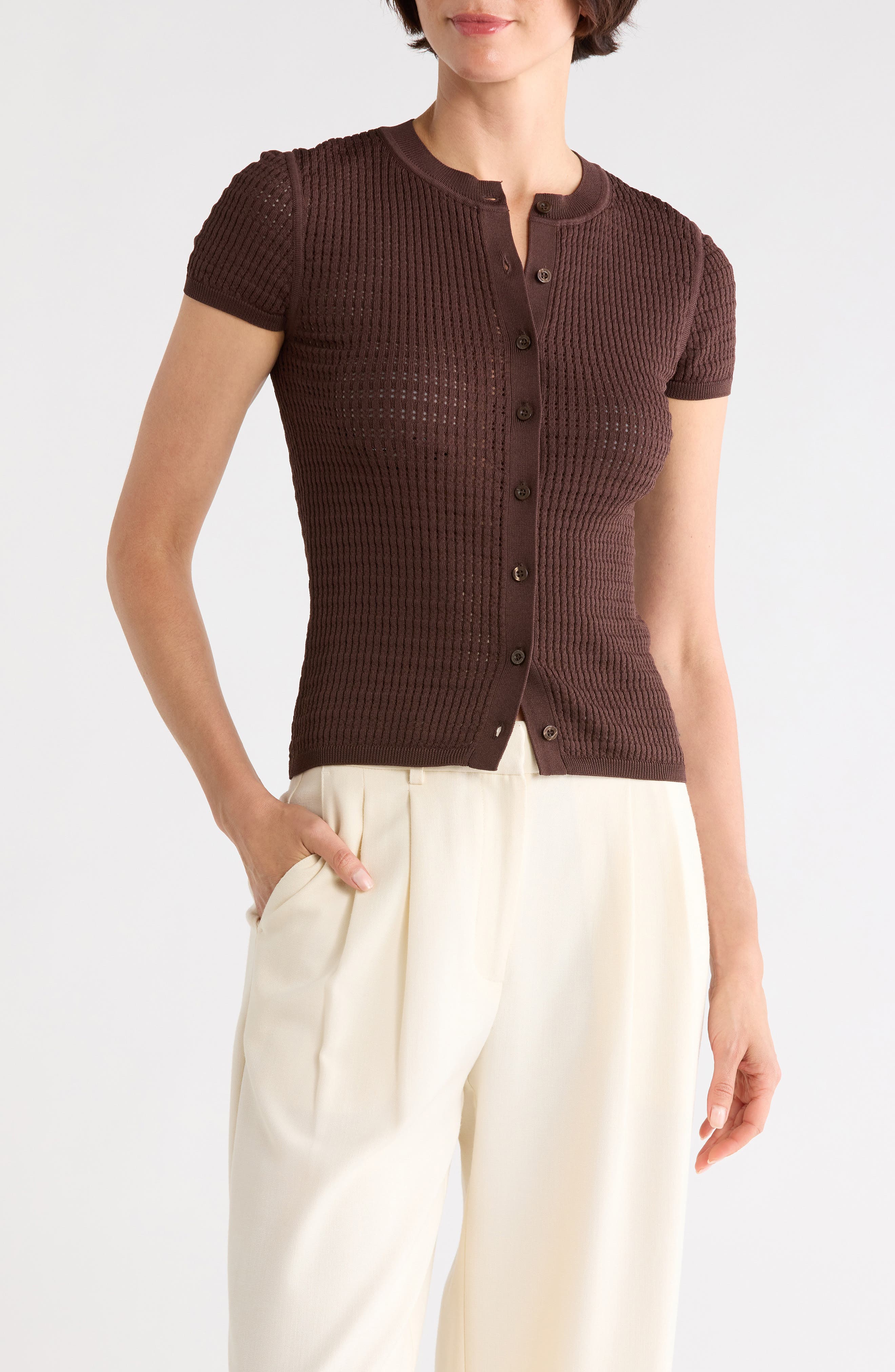 Calvin Klein Pointelle Short Sleeve Button Front Cardigan