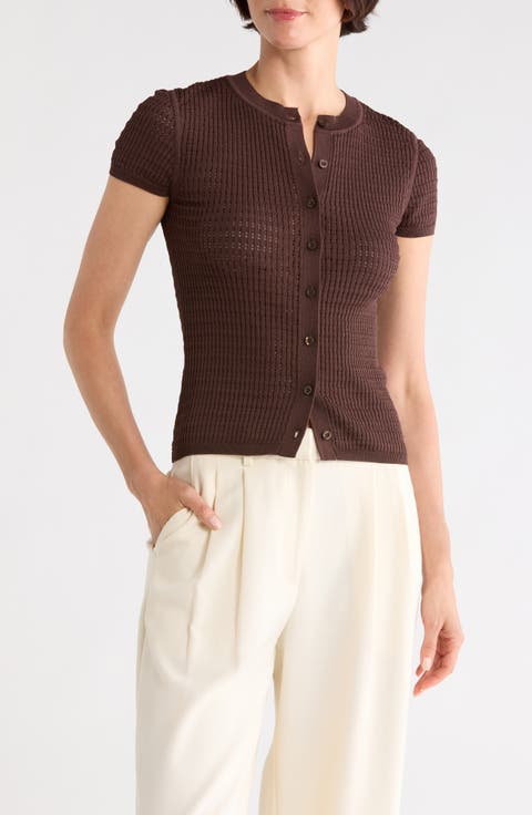 Pointelle Short Sleeve Button Front Cardigan
