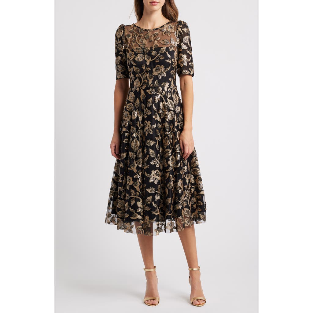 Eliza J Elbow Sleeve Midi Dress in Black Gold