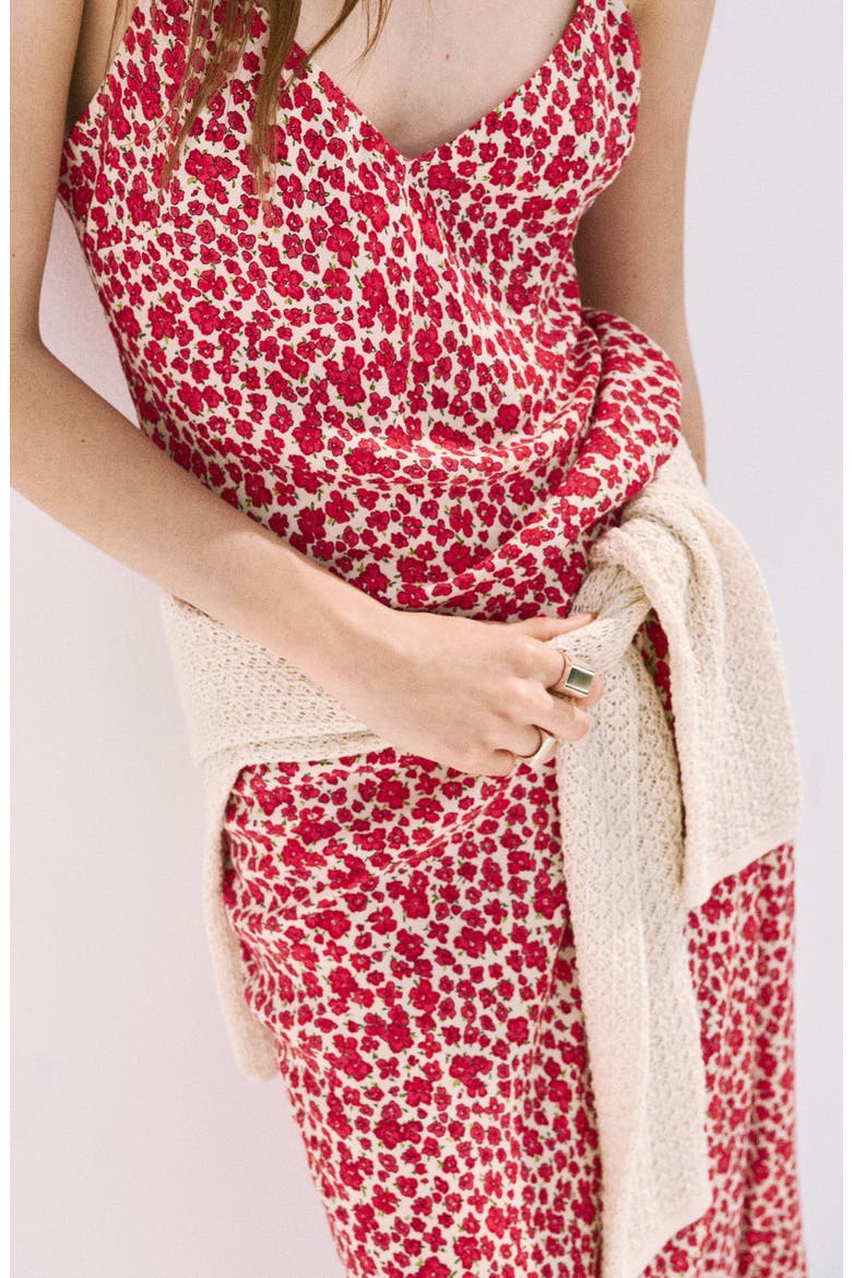 Printed V-Neck Slipdress, Alternate, color, RED/ECRU