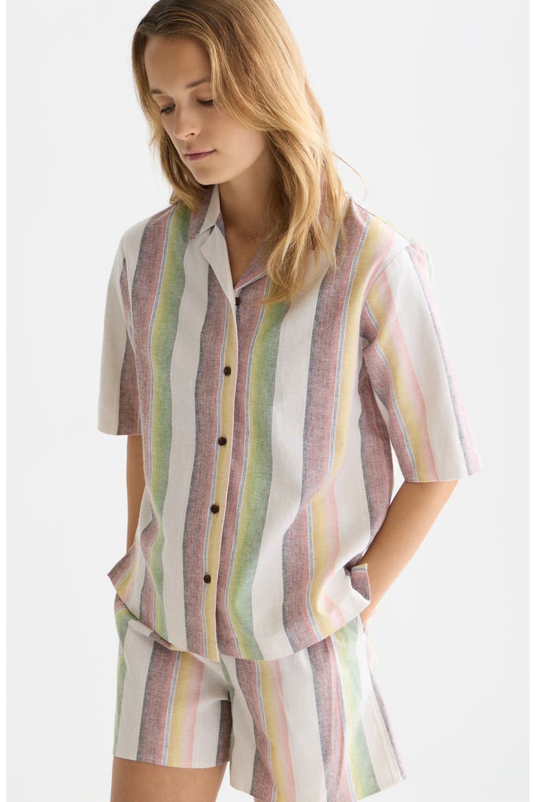 Stripe Short Sleeve Linen & Cotton Button-Up Shirt, Alternate, color, MULTI COLOR STRIPE