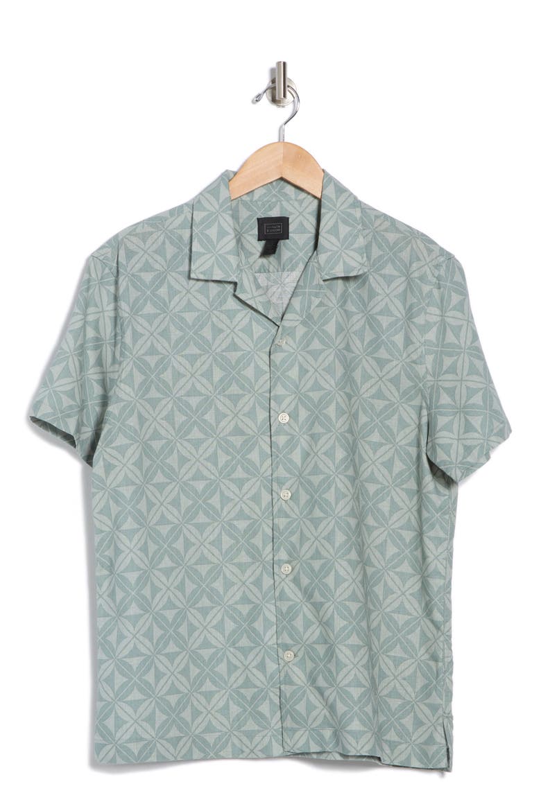 Geometric Leaf Print Linen & Cotton Camp Shirt, Alternate, color, GREY BLUE LEAVE GEOMETRIC