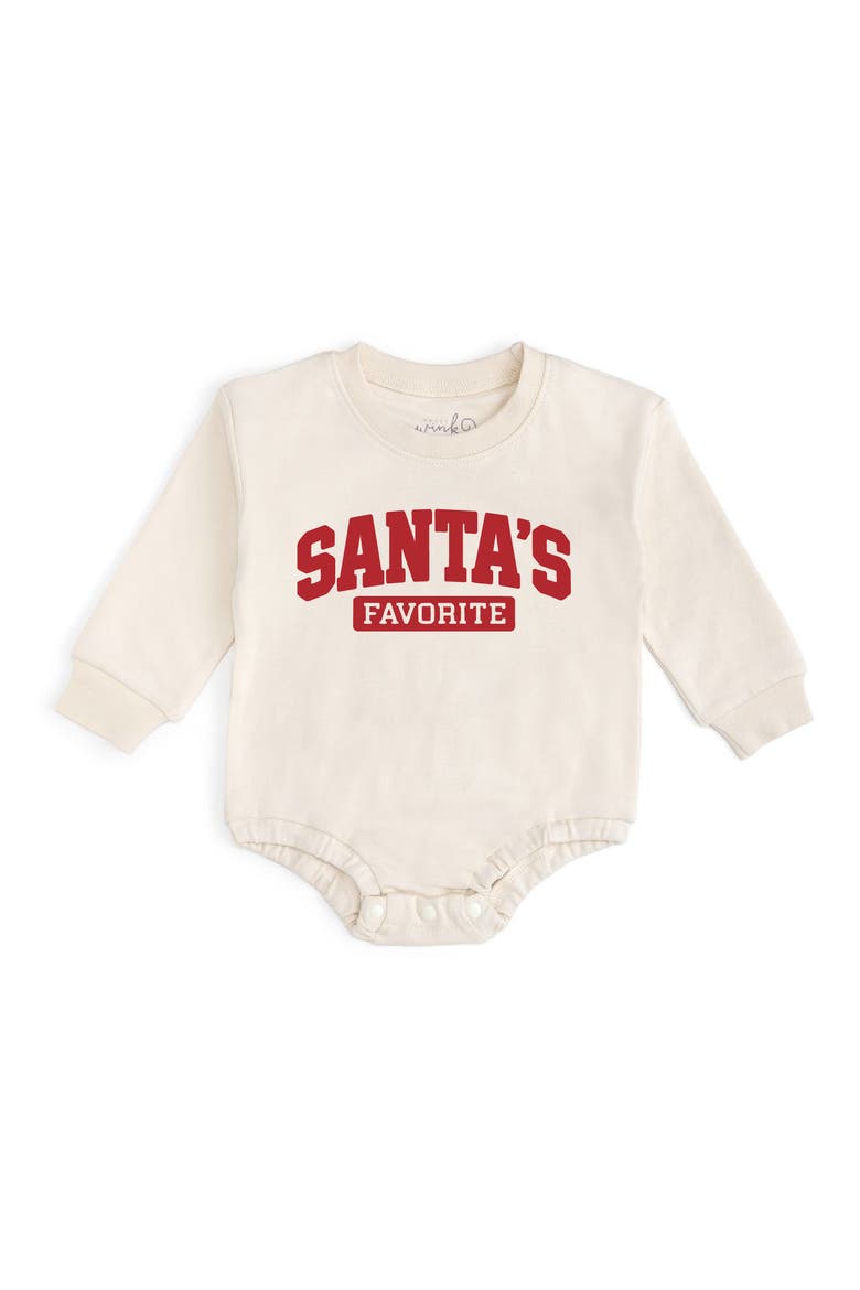 Santa's Favorite Puff Ink Christmas Long Sleeve Romper, Main, color, Natural