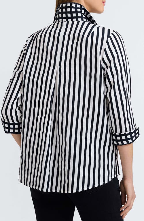Foxcroft Agnes Stripe Long Sleeve Cotton Sateen Top In White/black