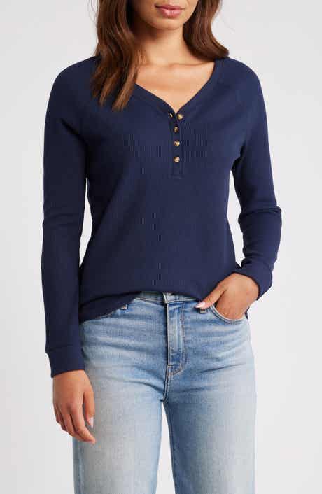 Waffle Knit Cotton Blend Henley Top