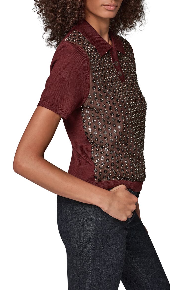 Sequin Floral Short Sleeve Polo Sweater, Alternate, color, BK CHRRY/ E