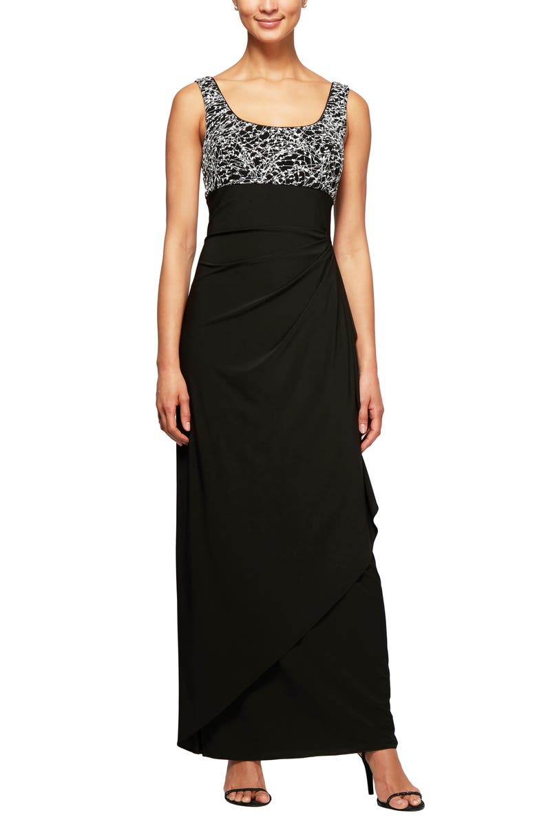 Alex Evenings Empire Waist Gown with Bolero Jacket, Alternate, color, Black White