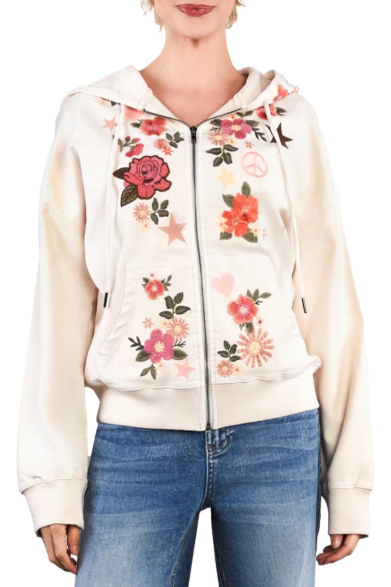 Camp Peace Floral Embroidered Denim Hoodie, Main, color, ICED LATTE