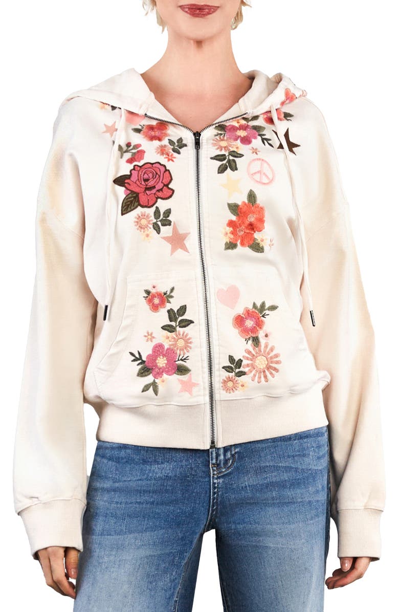 Billy T Camp Peace Floral Embroidered Denim Hoodie, Main, color, Iced Latte