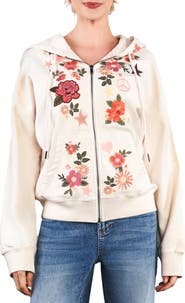 Billy T Camp Peace Floral Embroidered Denim Hoodie