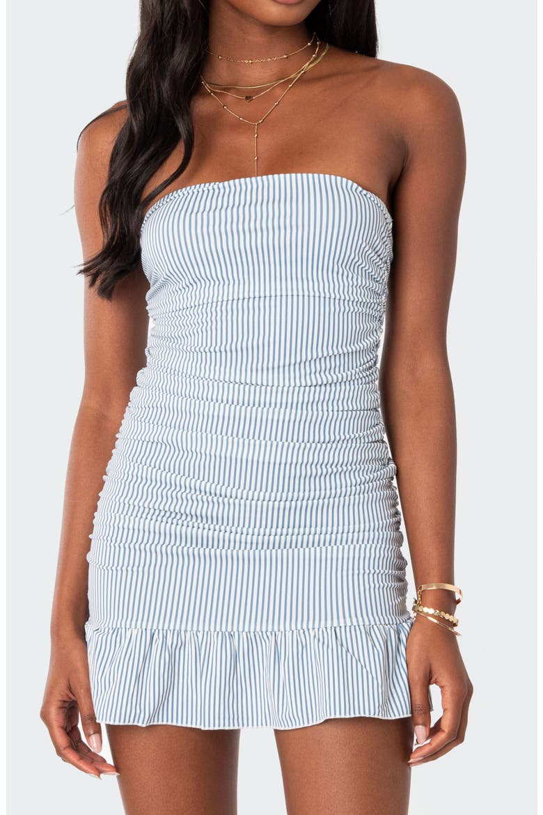 Gaia Stripe Ruched Strapless Dress, Alternate, color, BLUE-AND-WHITE