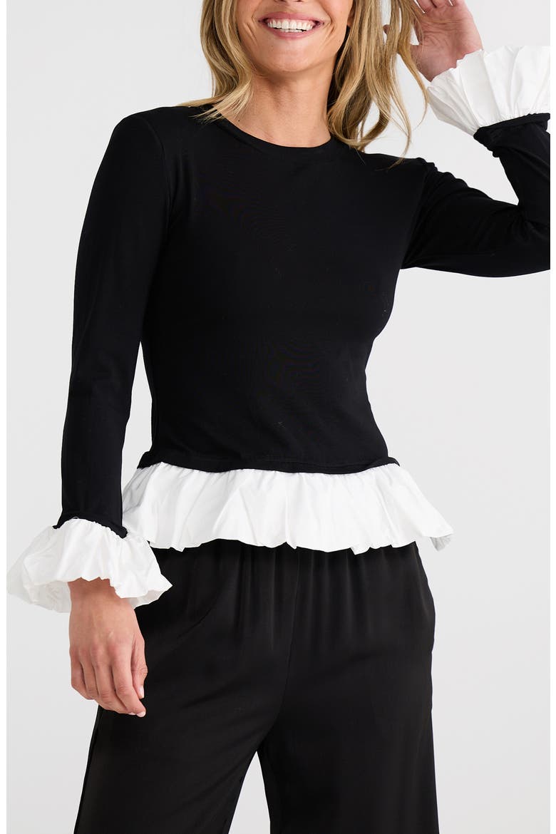 Wilde Stretch Cotton Poplin Combo Peplum Top, Alternate, color, BLACK W/ WHITE