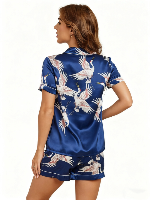 Silksilky 19momme Pure Silk Animal Print Shorts Pajama Set In Blue