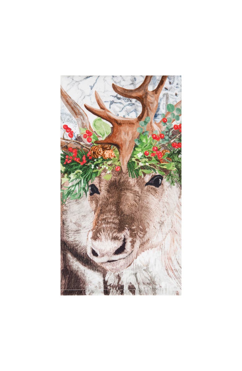 C&F Home Christmas Reindeer Wearing Red Holly Flower Crown Printed 100% Cotton Flour Sack Dishtowel, Alternate, color, White