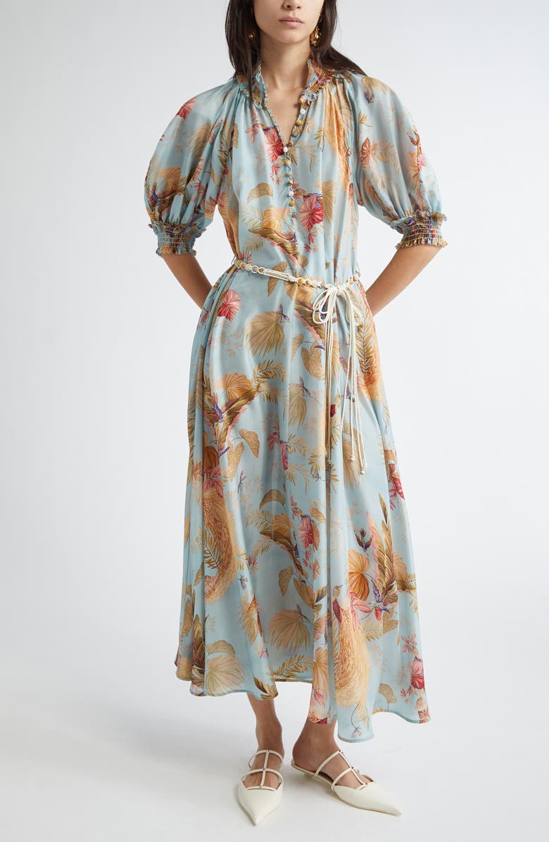 Zimmermann Ascension Print Silk Belted Dress, Main, color, Aqua Palm Floral