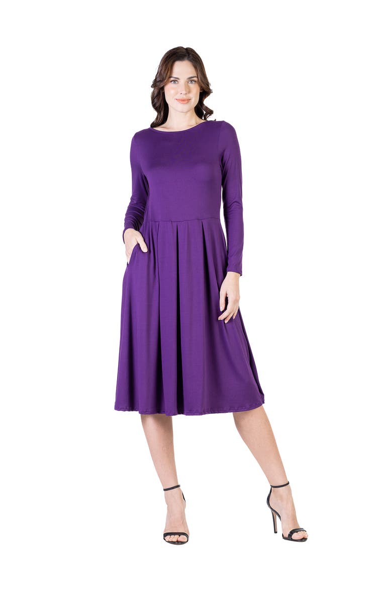 Petite Midi Fit N Flare Pocket Dress, Main, color, Purple