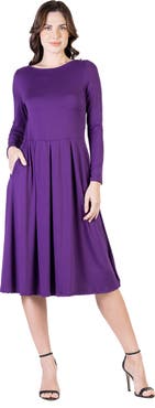 24seven Comfort Apparel Petite Midi Fit N Flare Pocket Dress