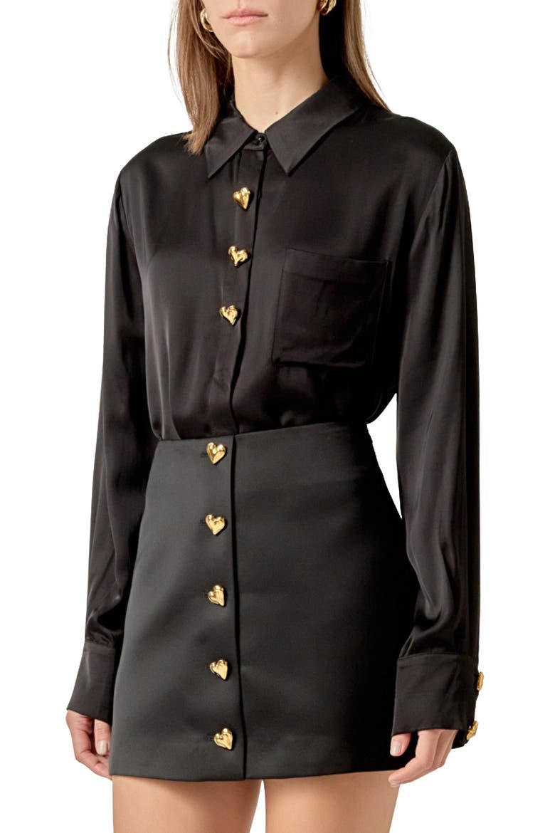 Heart Button Up Satin Shirt, Alternate, color, BLACK