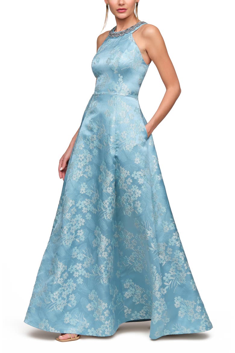 Donatella Floral Jacquard Gown, Alternate, color, ADRIATIC BLUE