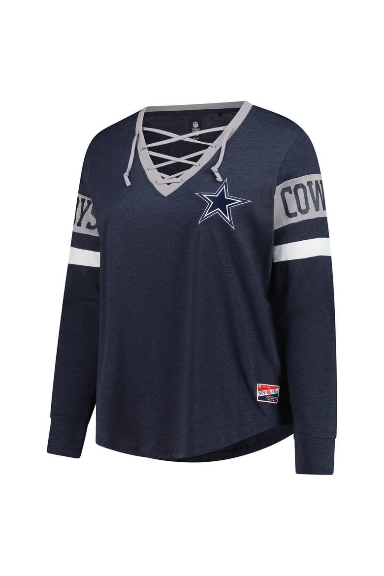 Women's New Era Navy Dallas Cowboys Plus Size Throwback Lace-Up Long Sleeve T-Shirt, Alternate, color, Navy