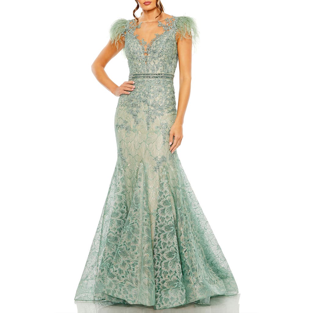 Mac Duggal Embroidered Illusion Appliqued Bodice Trumpet Gown In Sage