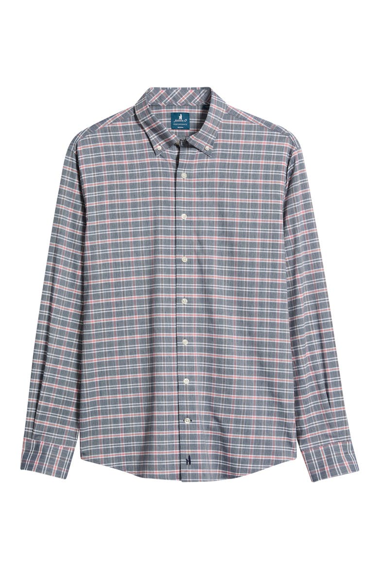 Basswood Plaid Performance Long Sleeve Button Down Shirt, Alternate, color, NAVY