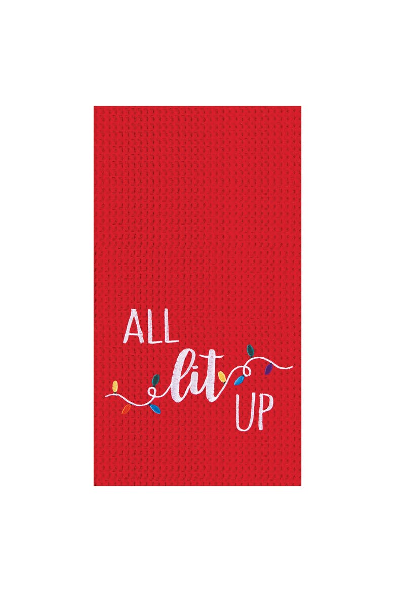 27" x 18" "All Lit Up" Sentiment Red Cotton Christmas Waffle Weave Kitchen Dish Towel Decor Decoration, Main, color, Red