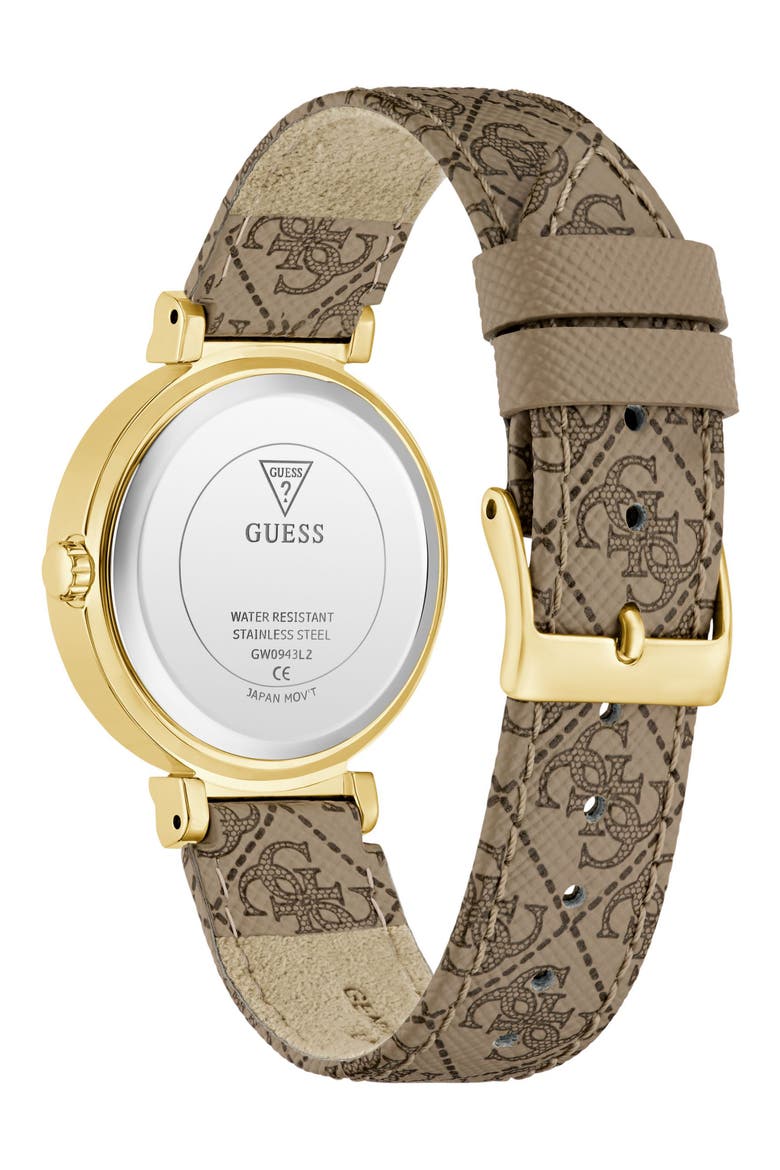 Goldtone & Crystal Logo Leather Strap Watch, 32mm, Alternate, color, BEIGE