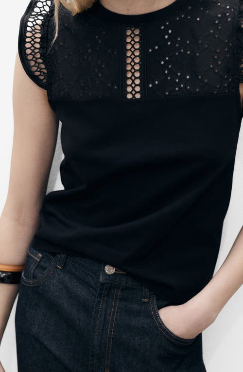 Mango Embroidered Eyelet Accent Cotton Top In Black