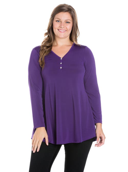 24seven Comfort Apparel Plus Size Flared Long Sleeve Henley Tunic Top In Purple