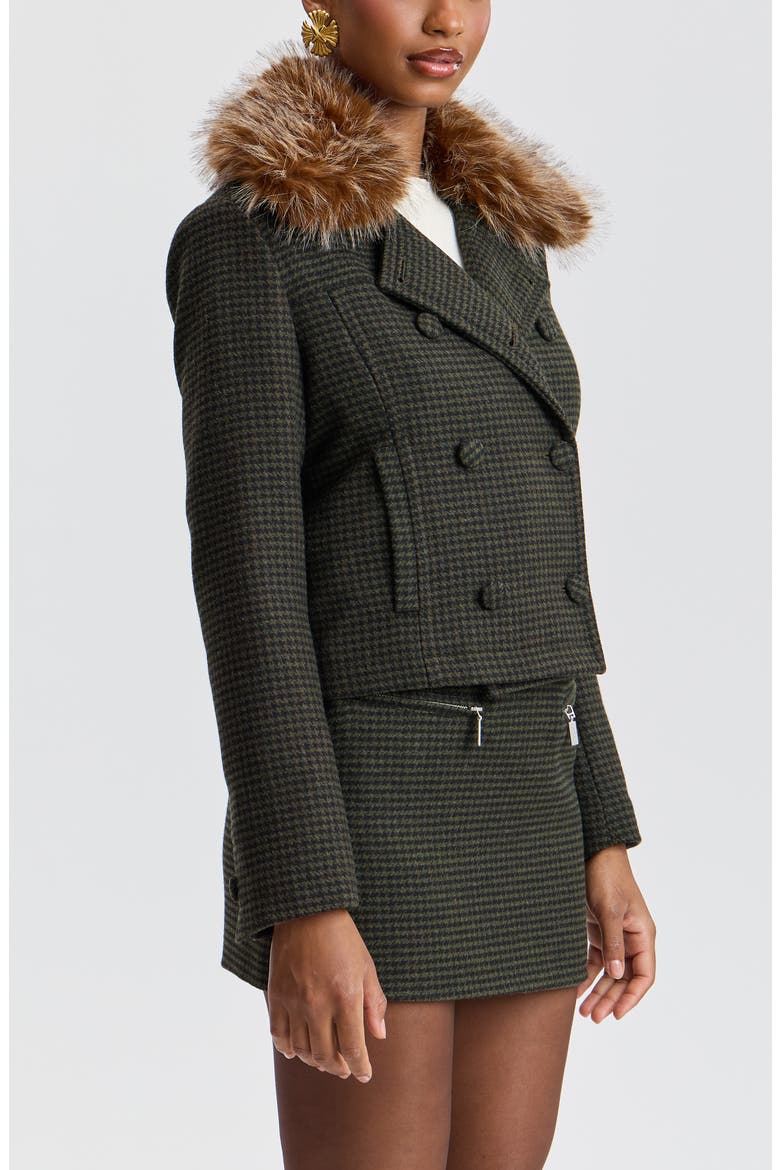 Cropped Houndstooth Peacoat with Detachable Faux Fur Collar, Alternate, color, NAVY/GREEN HOUNDSTOOTH