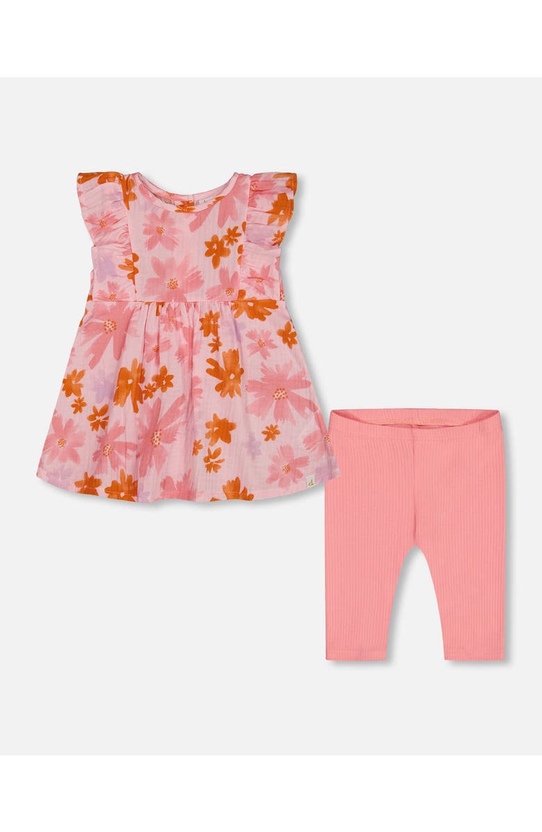 Deux par Deux Little Girl's Printed Tunic And Solid Leggings Set Pink And Coral Flowers, Main, color,